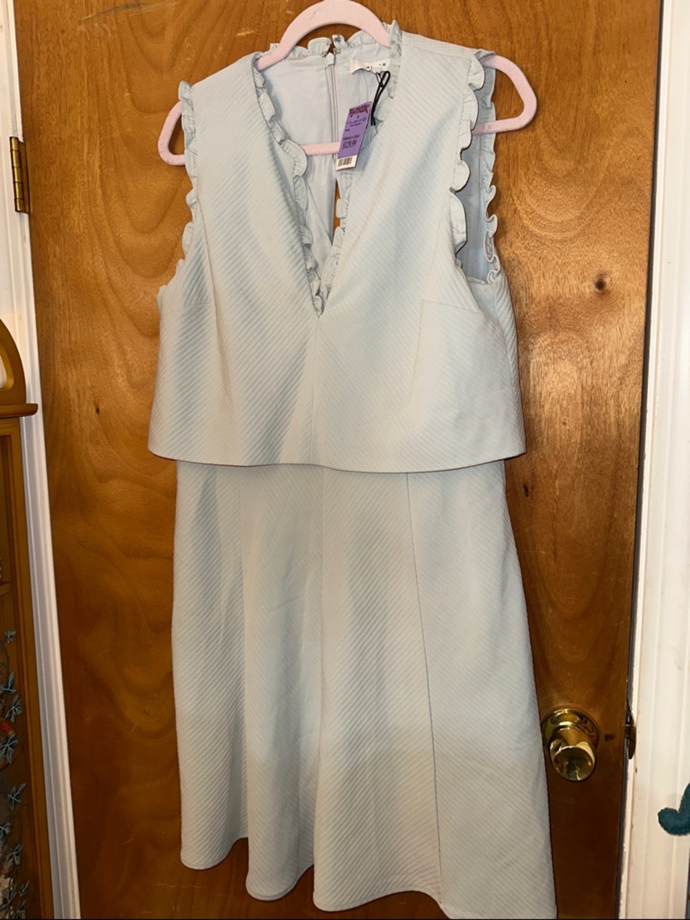 Reiss Sleeveless Ruffle V-Neck Midi Dress in Pale Blue